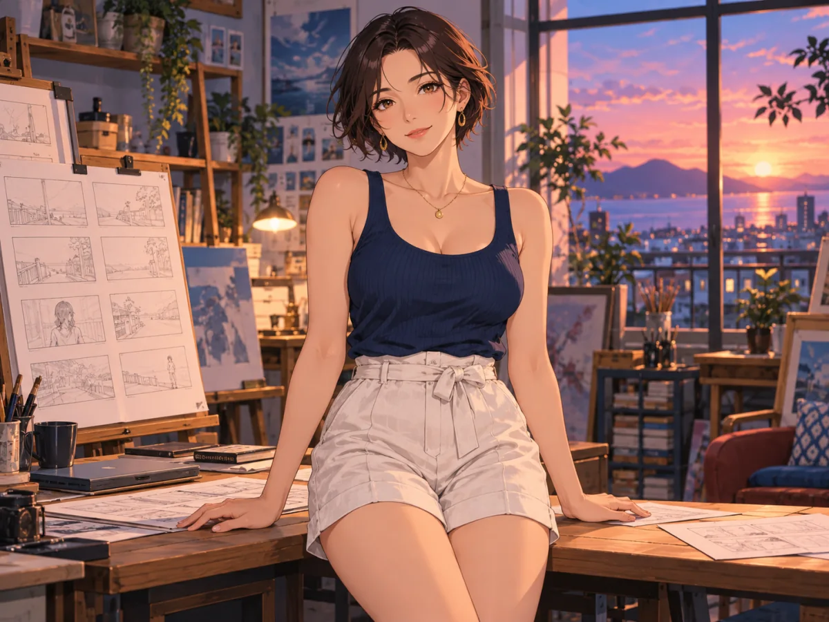 Luz del atardecer en un estudio con vista urbana